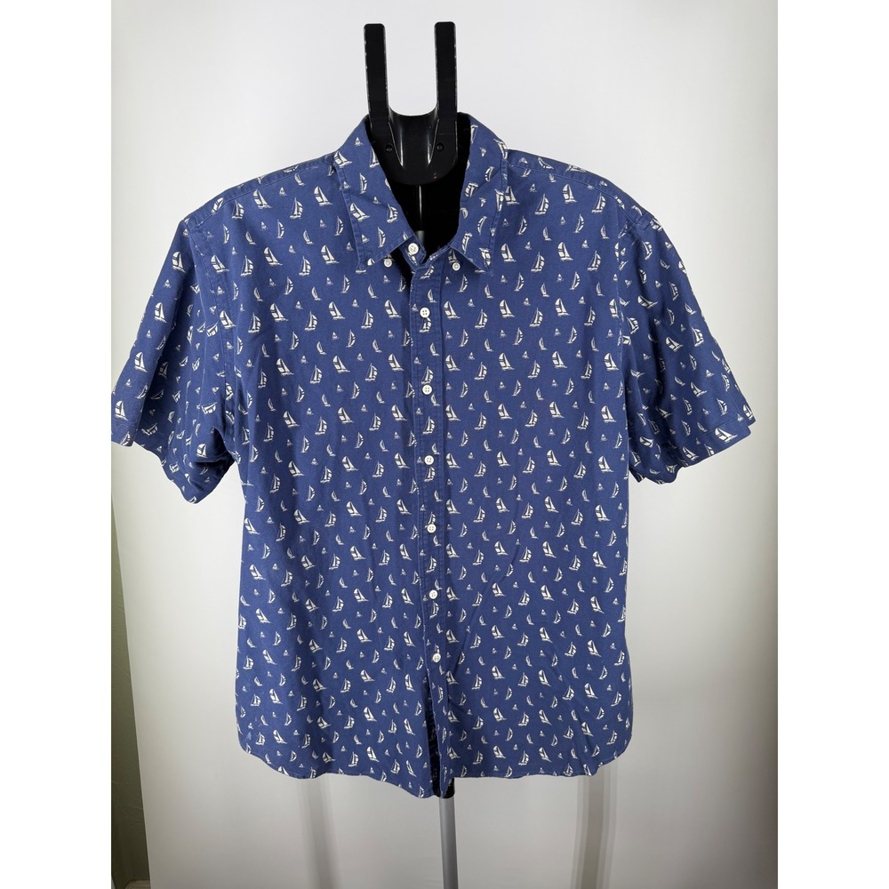 Ralph Lauren Mens XXL Blue Sailboat Print Short Sleeve Cotton Button Down Shirt